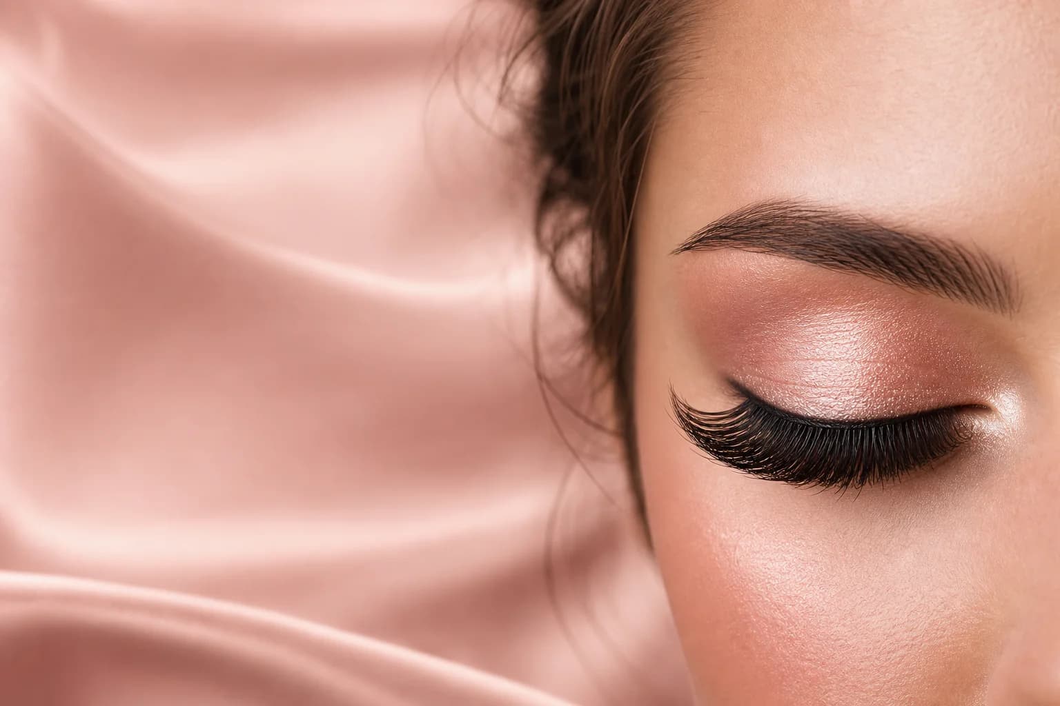 Model wearing Flutter Luxe dramatic lashes with rose gold makeup